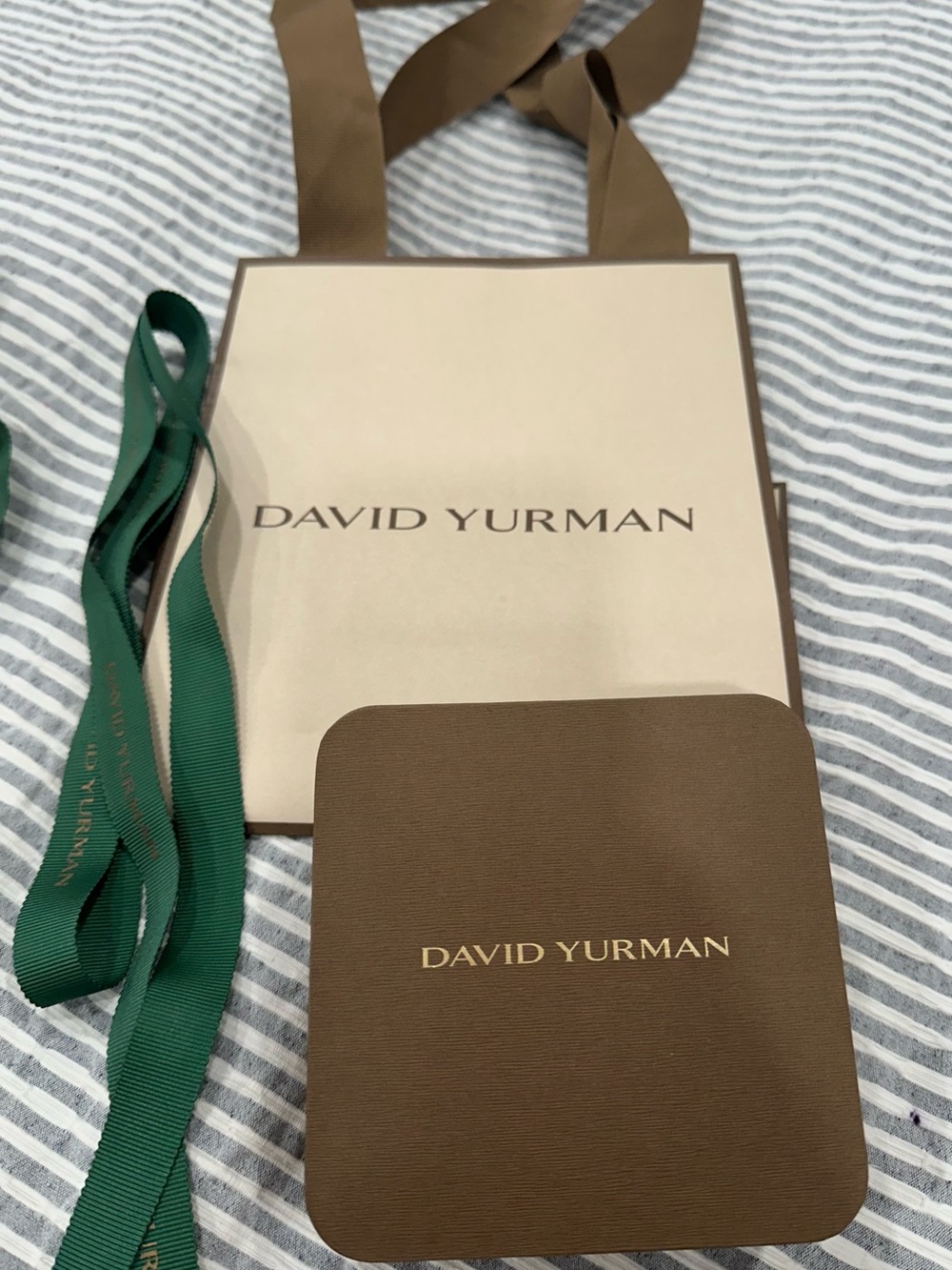 David Yurman Brown Jewelry Box with Green Ribbon and Cream Bag